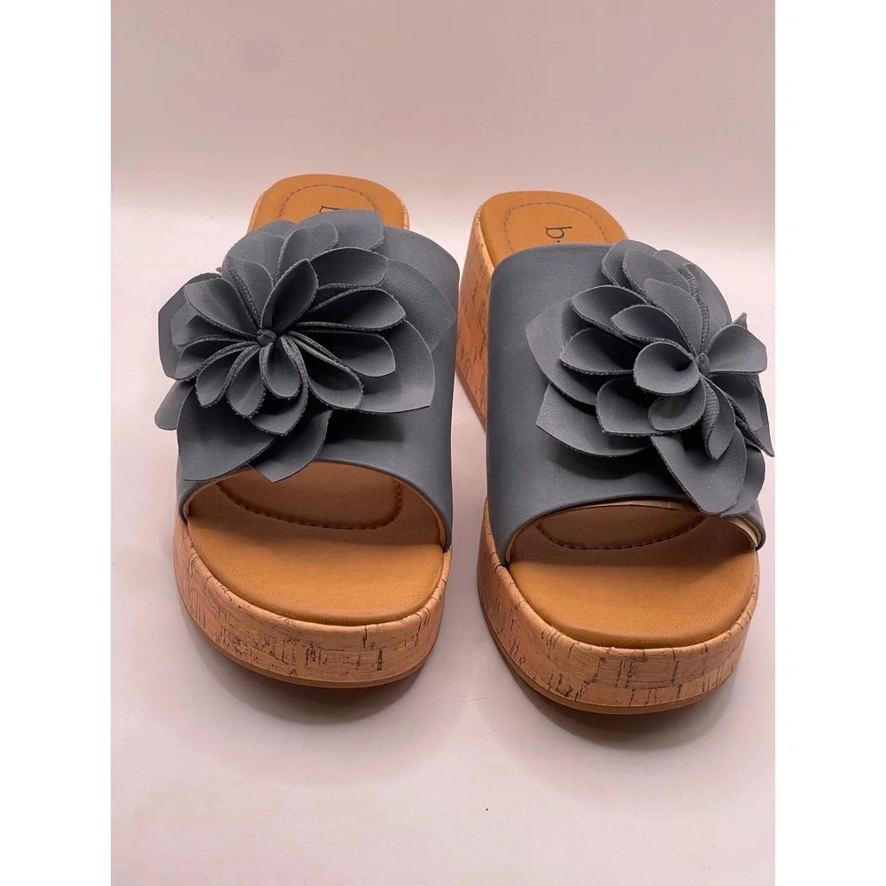 B.O.C. Laryssa Light Blue Floral Platform Slide Sandals Cork Wedge Womens
